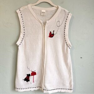 Blair Vintage White Sweater Vest Embroidered Bird Scottie Dog Medium Cottagecore